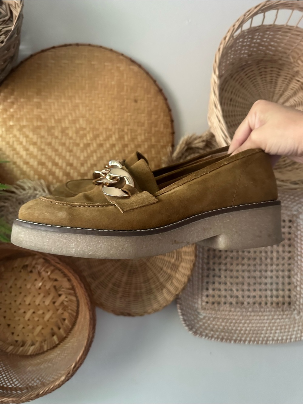 Anthropologie Suede Loafers with Gold Chain Trim in Tan - Picture 3 of 7